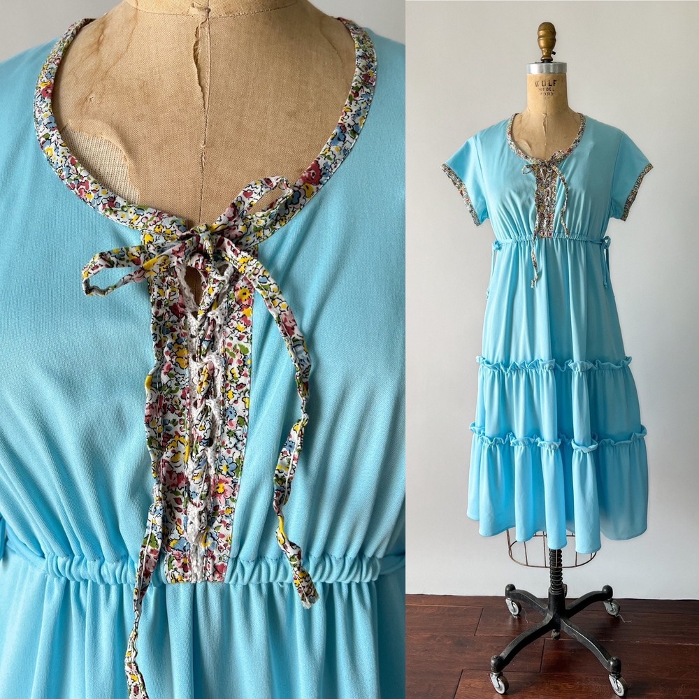 1970s Vtg Blue Poly Floral Trim Prairie Empire Waist Ruffled Tiered Midi Dress S
